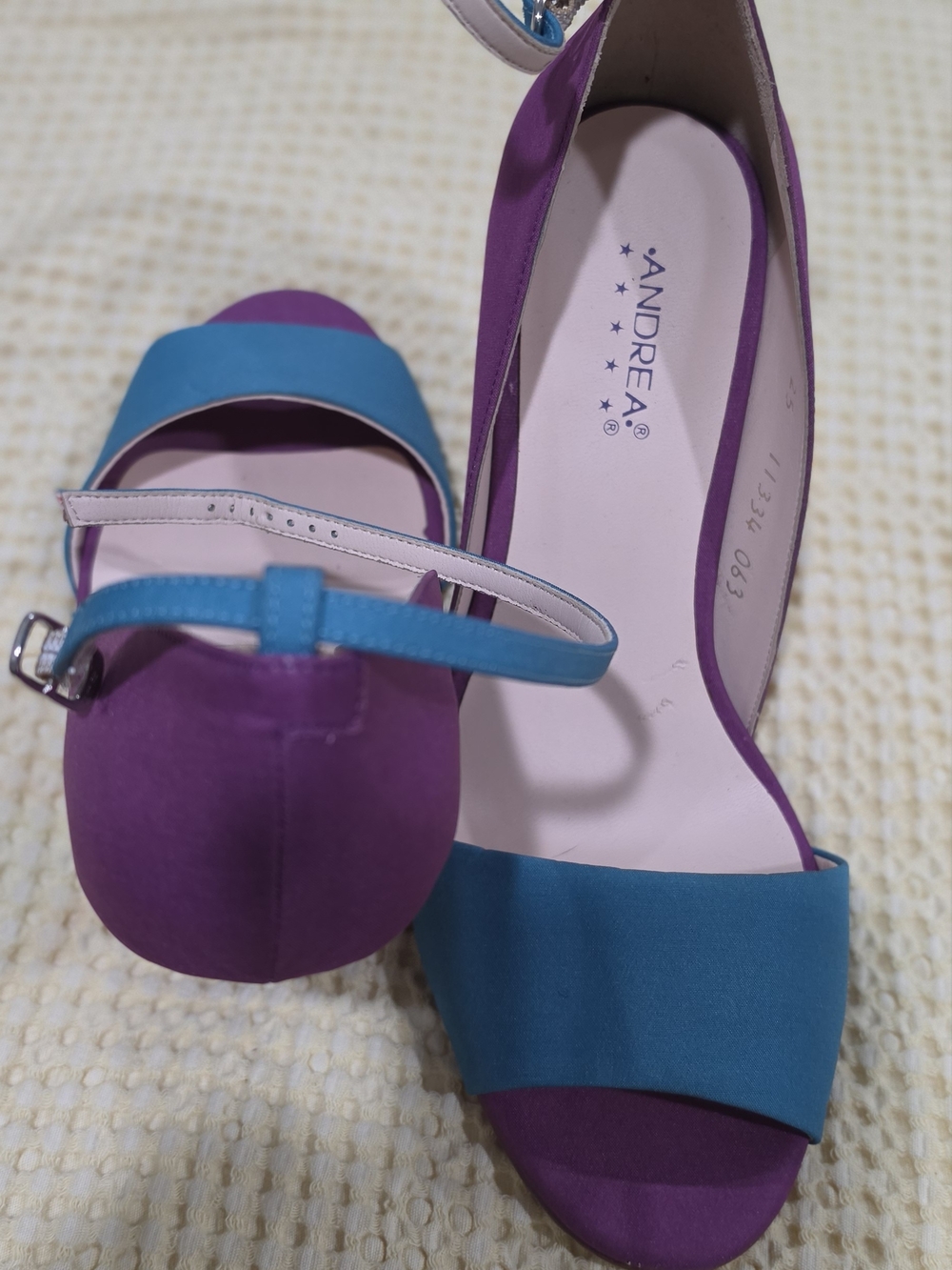 ANDREA FENZI Women's Two-Tone Purple and Teal Open-Toe Heels